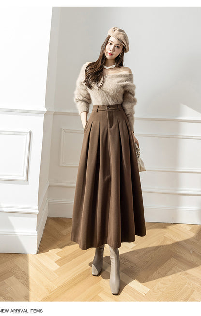 Women's Midi Skirt in Metal Silk – Pleated High Waist Swing Style