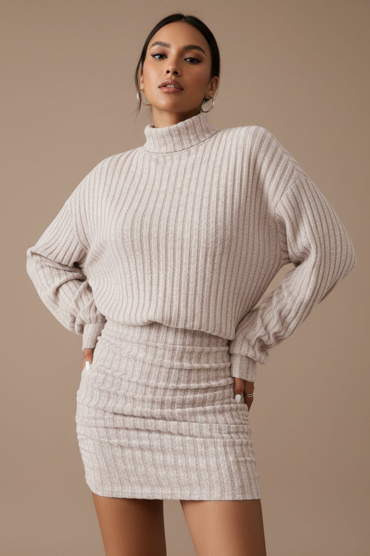 Women's Ribbed Knit Long Sleeve Suit – High Neck, Modern Plaid Detail