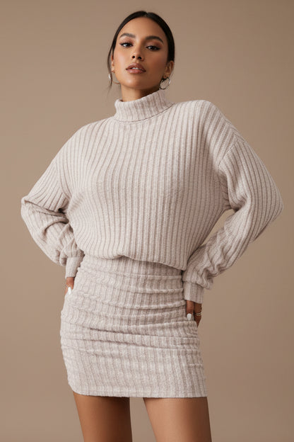 Women's Ribbed Knit Long Sleeve Suit – High Neck, Modern Plaid Detail