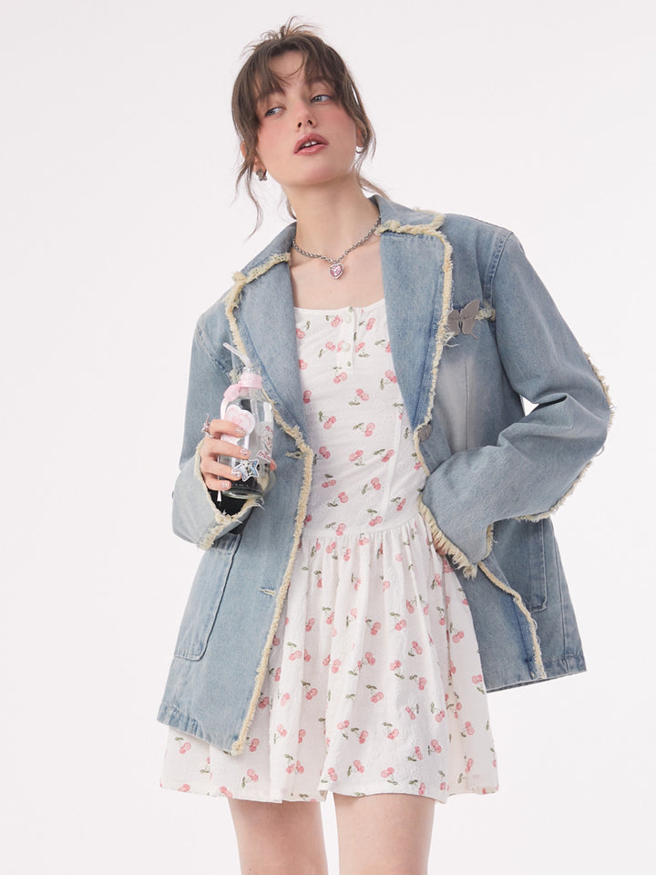 Denim Suit Jacket for Women, Relaxed Fit Single-Breasted Blazer