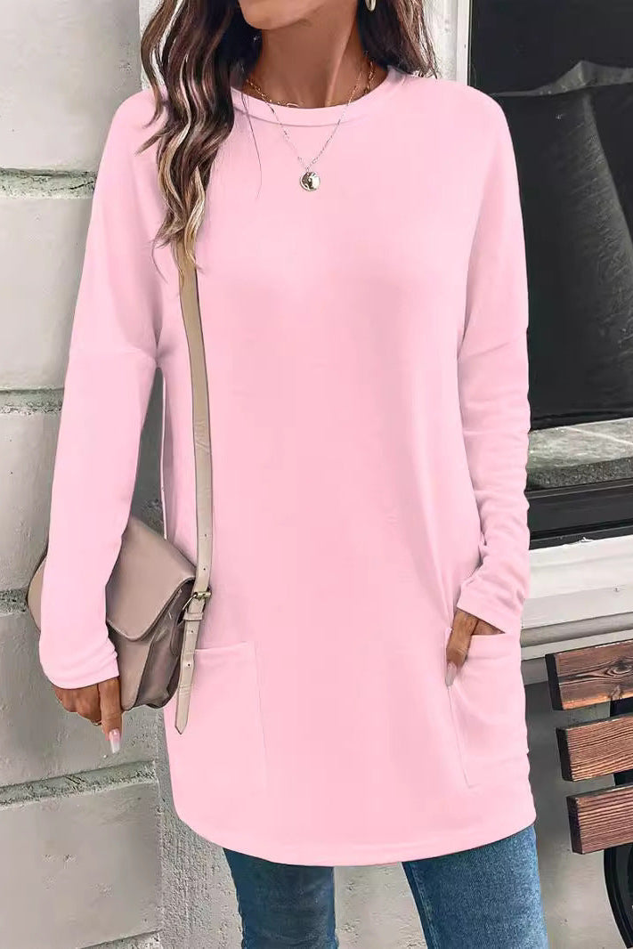 Women's Long Sleeve Cotton T-Shirt with Pocket – Relaxed Crew Neck