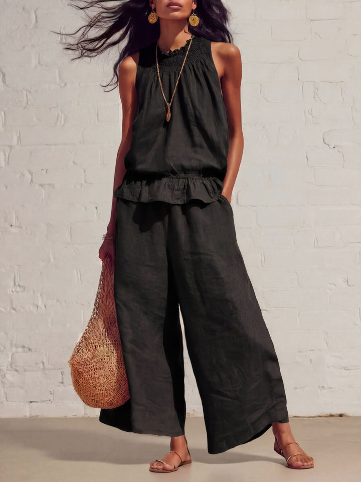 Women's Two Piece Set Sleeveless Ruffled Vest and Straight-Leg Pants