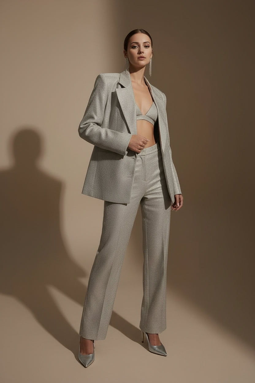 Women's Glitter Blended Three Piece Suit Set – Modern Straight Leg Cut