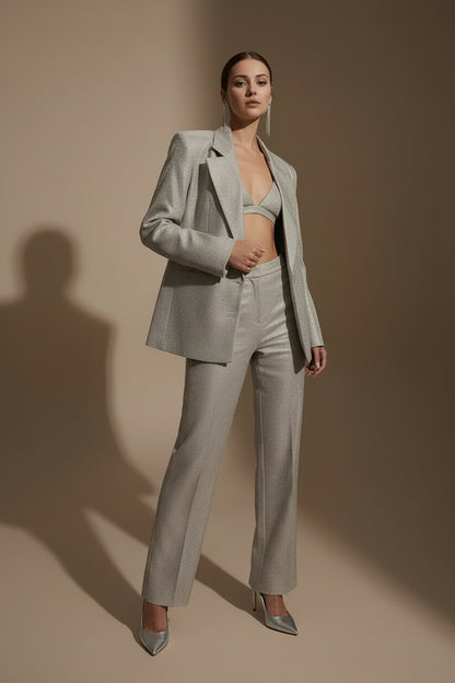 Women's Glitter Blended Three Piece Suit Set – Modern Straight Leg Cut