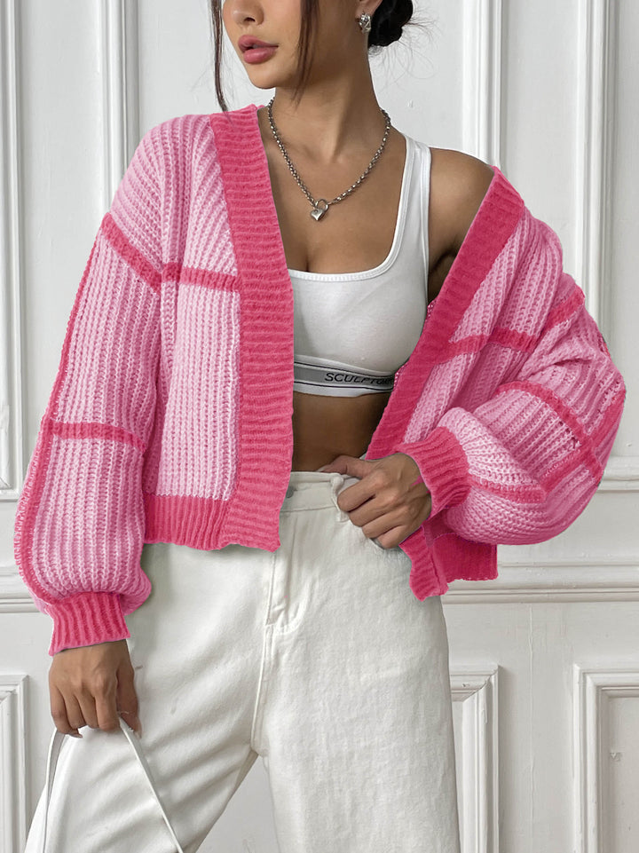 Women's Patchwork Sweater – Color Contrast Lantern Sleeve Pullover