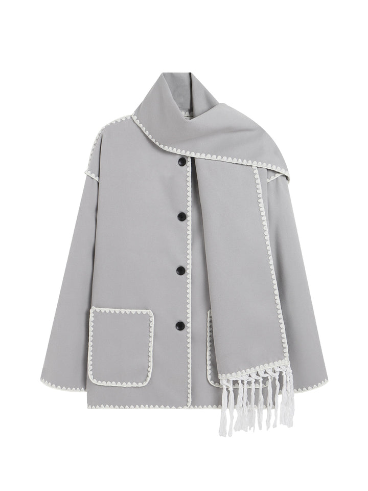 Women's Wool Coat with Attached Scarf – Thick Loose Fit