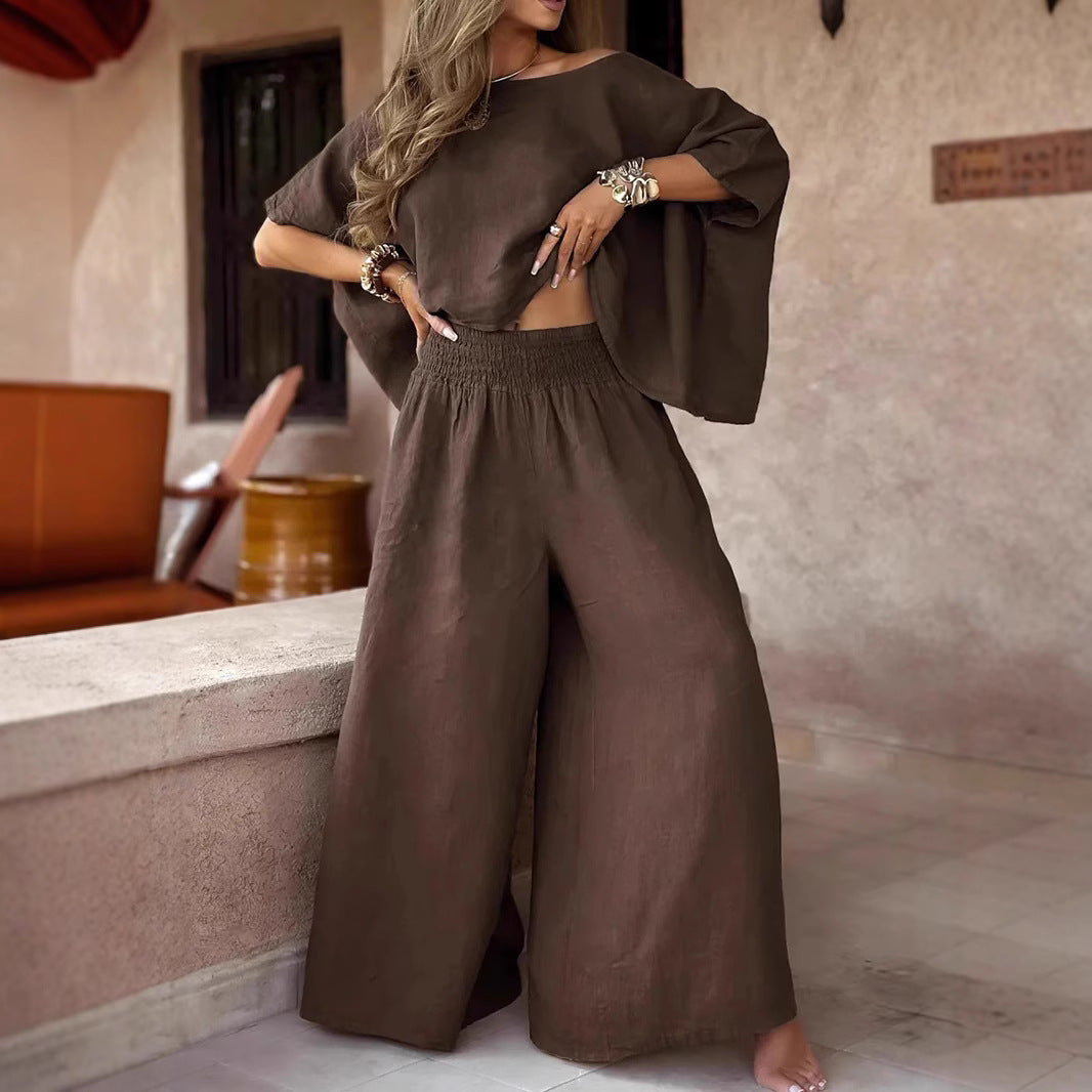 Women's Two Piece Set – Loose Off-Shoulder Round Neck Summer Suit