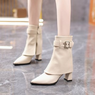 Women's Chunky Heel Mid-Calf Boot – Vegan Leather Pointed Toe Boot