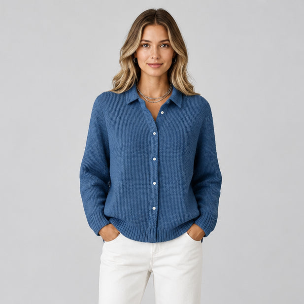 Women's Knitted Sweater with Lapel – Button Front, Relaxed Fit