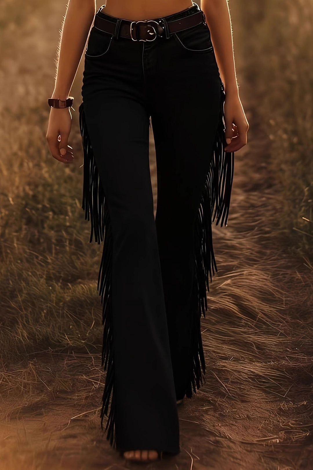 Flare Suede Fleece Pants for Women – Fitted, Tassel Trim, Full Length
