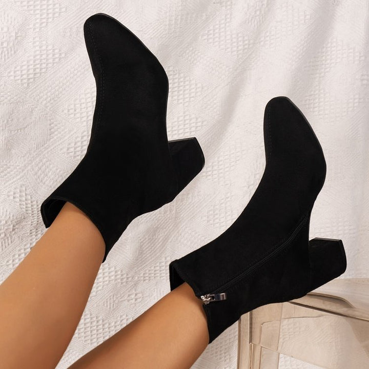 Women's Stretch Suede Mid-Calf Boot – Pointed Toe Block Heel