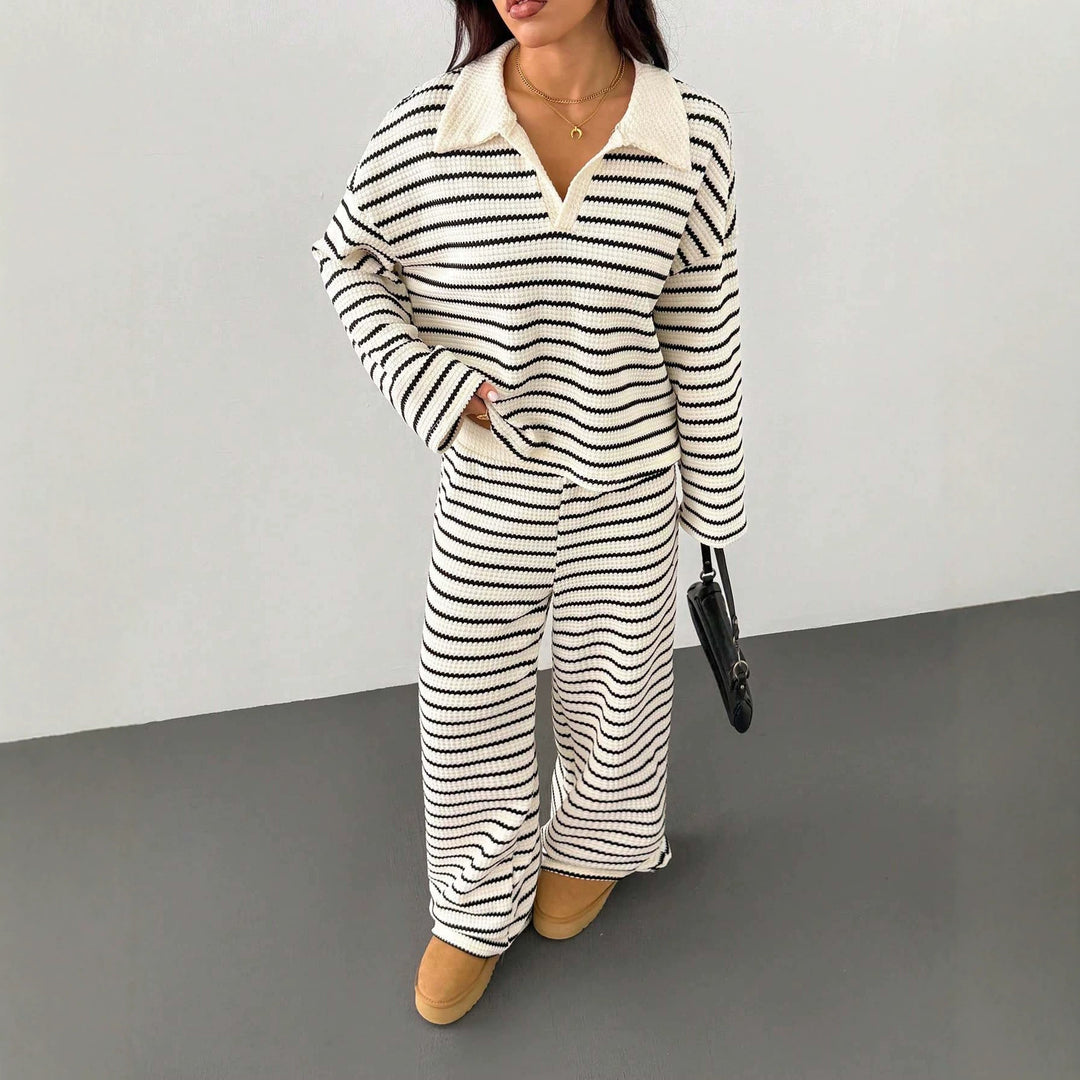 Striped Knit Two Piece Set for Women – Long Sleeve Top & Pants