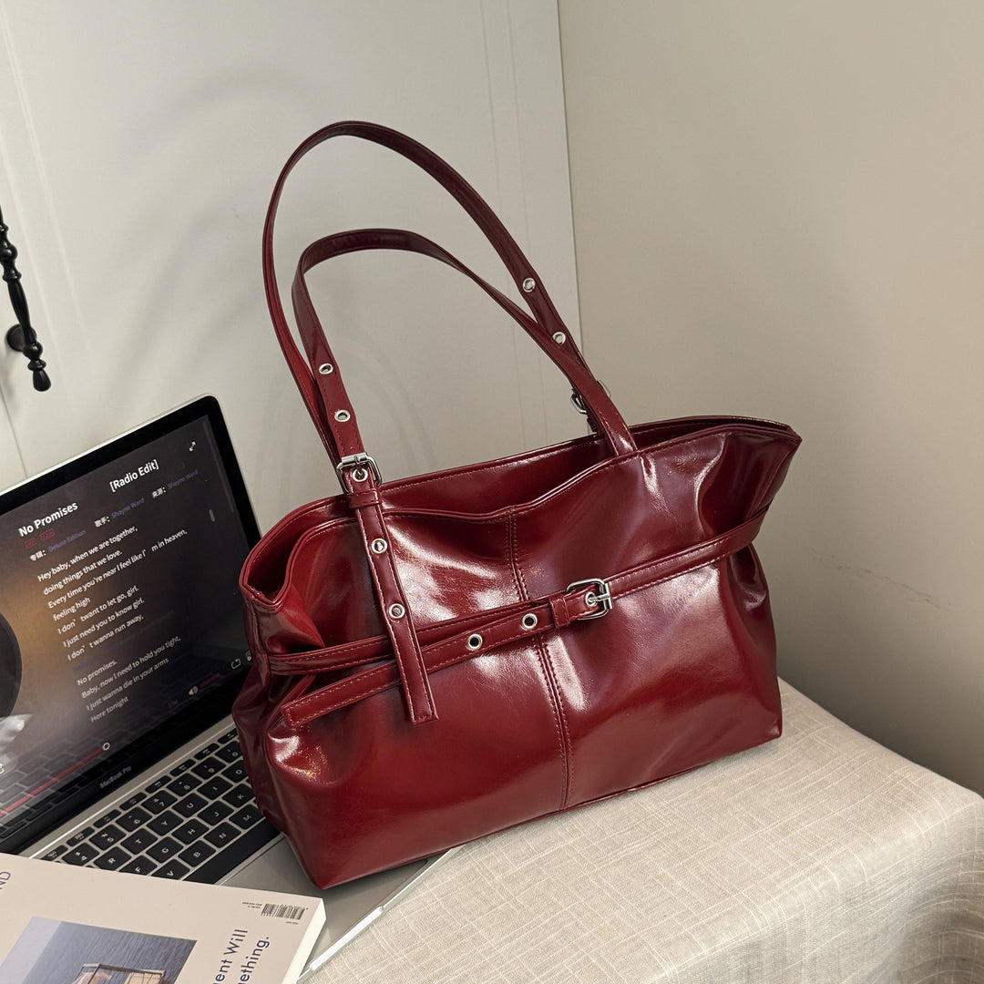 Women's Structured Leather Handbag with Buckle and Double Straps