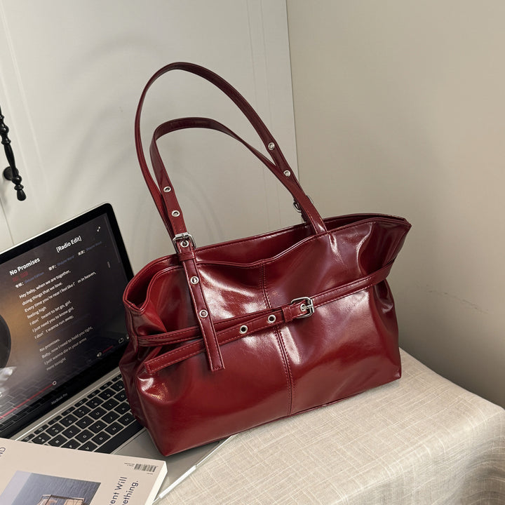 Women's Structured Leather Handbag with Buckle and Double Straps
