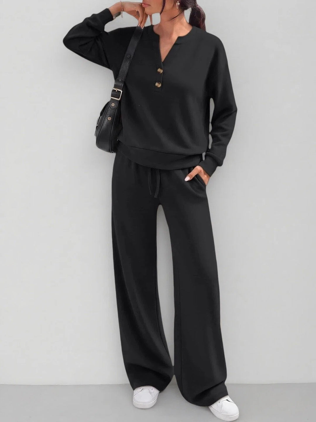 Women's Lounge Set – Soft Stretch Long Sleeve Top & Wide Leg Pants