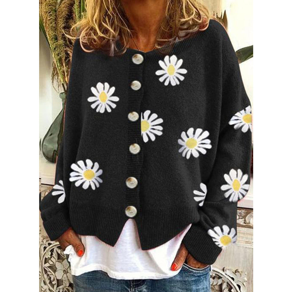 Women's Cardigan – Printed Knit, Relaxed Fit, Soft Cotton Blend
