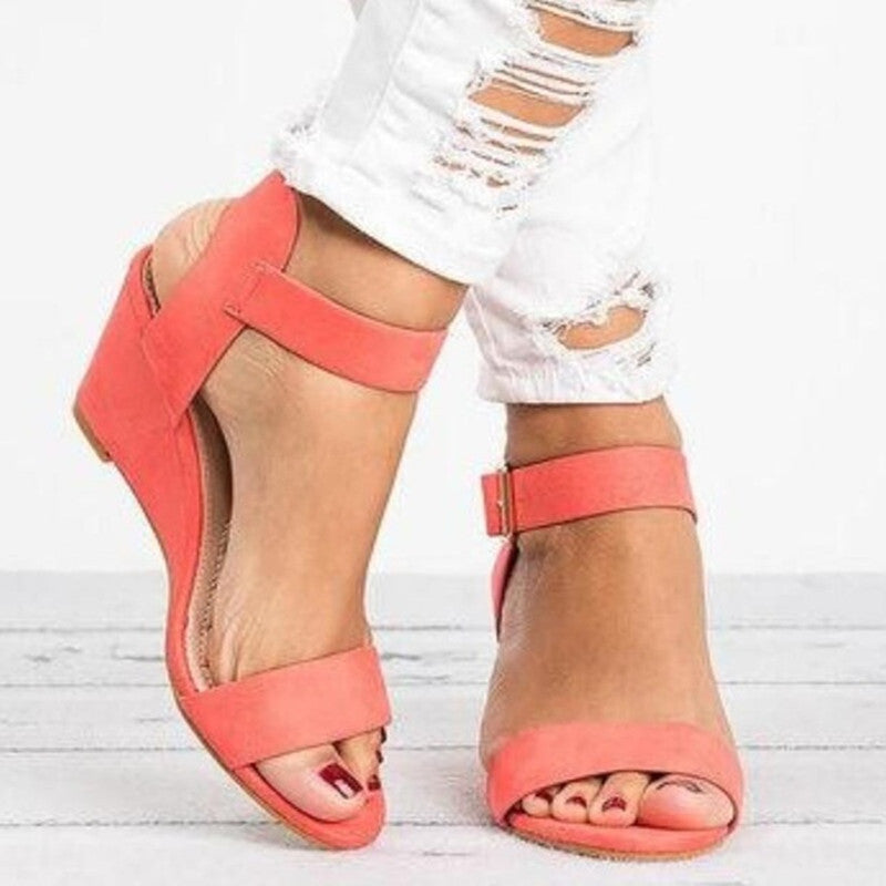 Women's Heeled Sandal – Buckled Peep Toe with Wide Fit