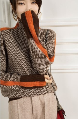Women's High Neck Relaxed Sweater – Contrast Sleeve Detail