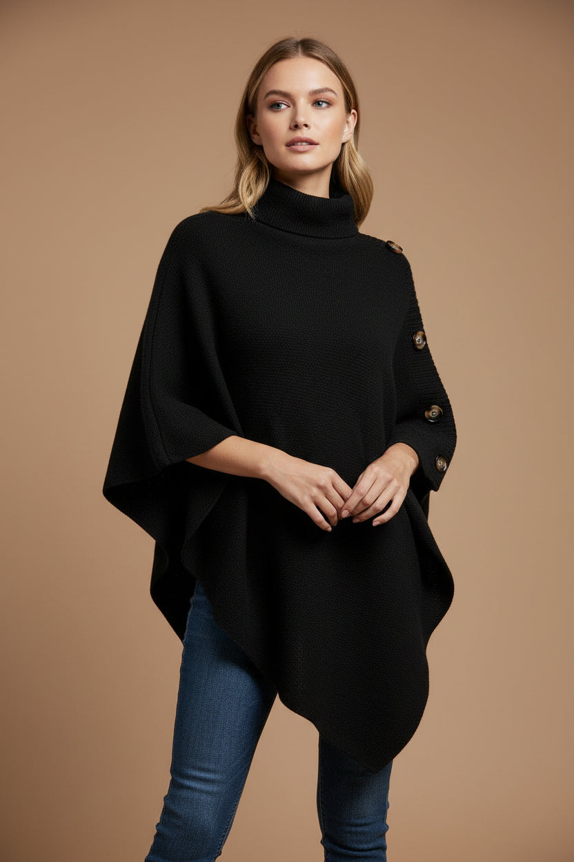 Women's Turtleneck Cape Sweater – Knit Cloak with Button Detail