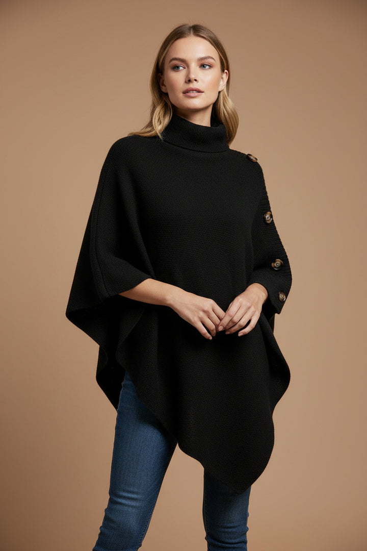 Women's Turtleneck Cape Sweater – Knit Cloak with Button Detail