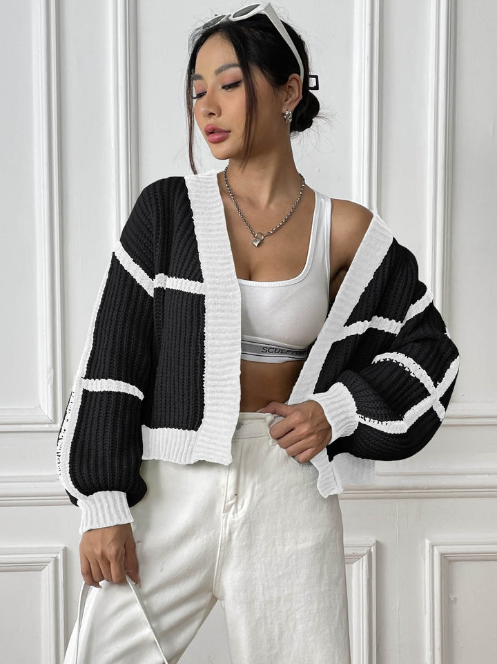 Women's Patchwork Sweater – Color Contrast Lantern Sleeve Pullover