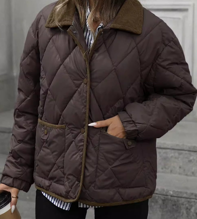 Women’s Cotton Coat – Warm Vintage Lapel Outerwear, Patchwork Design
