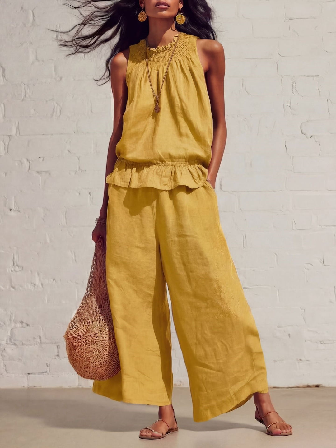 Women's Two Piece Set Sleeveless Ruffled Vest and Straight-Leg Pants