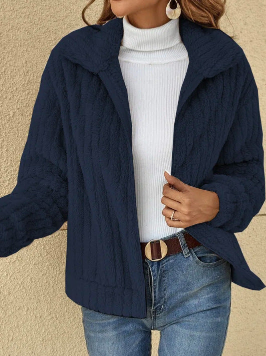 Women's Fleece Cropped Jacket – Lapel Collar Classic Silhouette