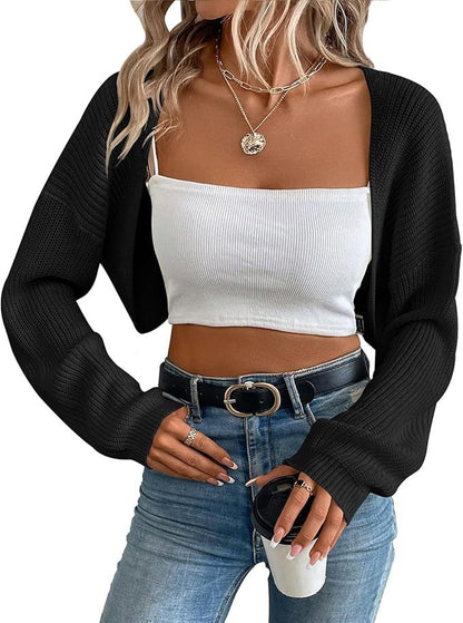 Cropped Knit Cardigan for Women – Open Shawl Front, Relaxed Fit