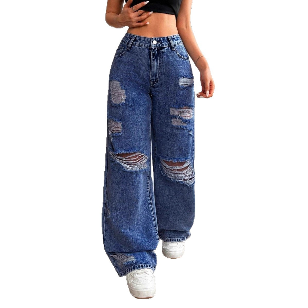 Women's High Waist Straight Leg Jeans – Distressed Wide Leg Fit