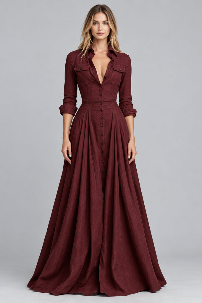 Women's Maxi Dress – Button-Down, Flared, Long Sleeve, High Waist Cotton