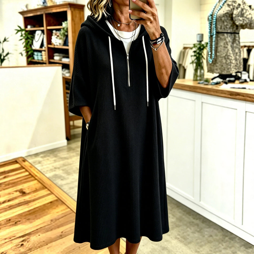Women's Cotton Maxi Hooded Dress – Three-Quarter Sleeve, Relaxed Fit |