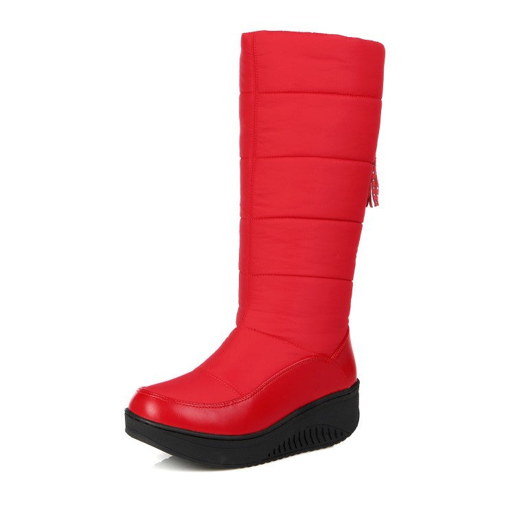 Women's Knee-High Wedge Boot – Vegan Leather with Tassel Detail