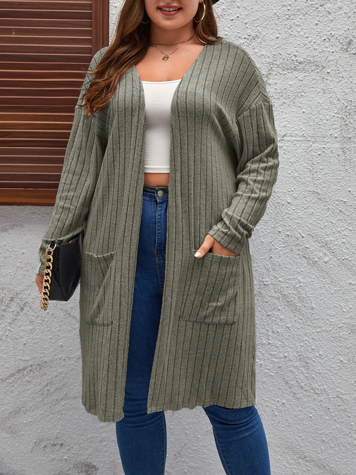 Women's Jacket – Ribbed Knit, Mid-Length, Relaxed Fit, Pockets