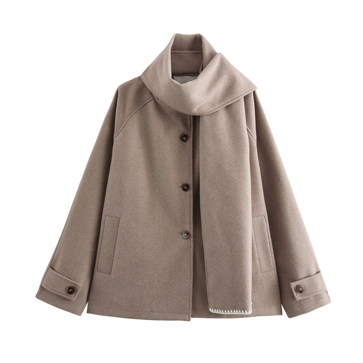 Women's Short Coat in Distressed Cotton with Detachable Scarf Collar