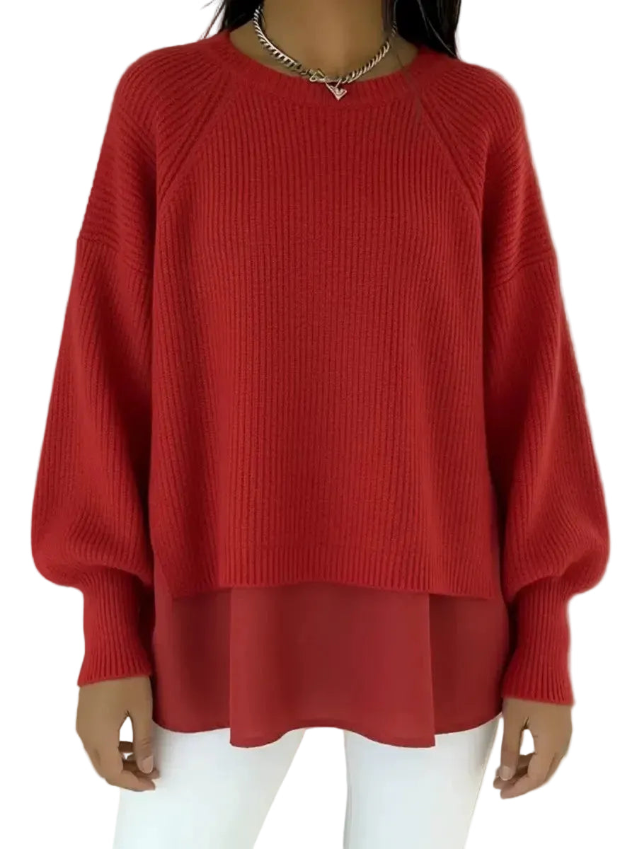 Women's Knit Sweater With Chiffon Hem – Relaxed Lantern Sleeve Design