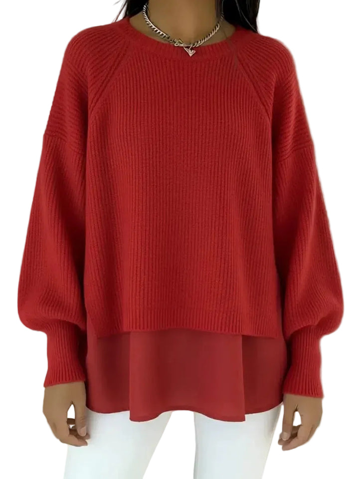 Women's Knit Sweater With Chiffon Hem – Relaxed Lantern Sleeve Design
