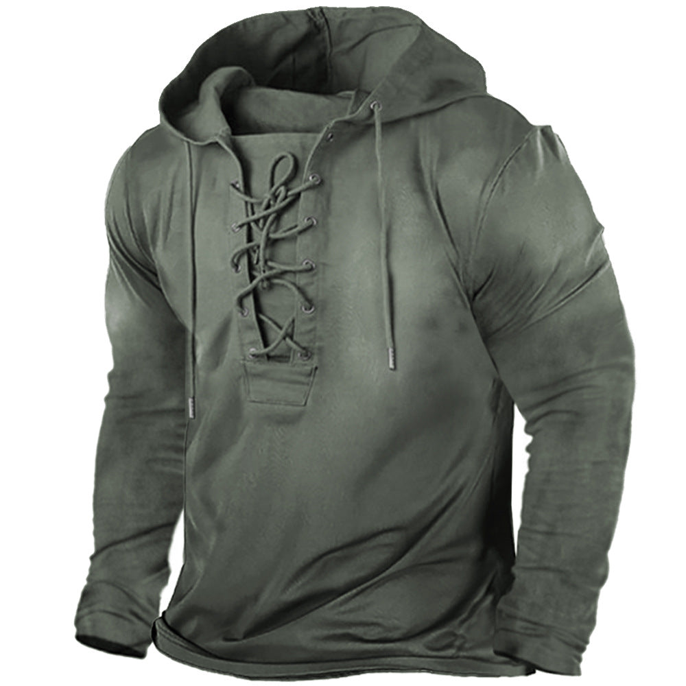 Men's Lace-Up Hooded T-Shirt – Soft Stretch Long Sleeve Top