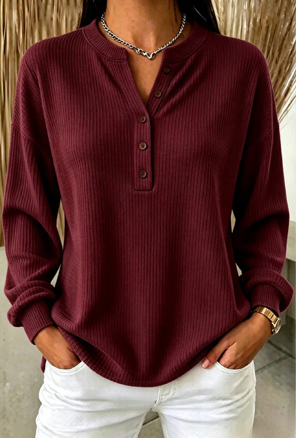 Women's Ribbed Knit Henley Top – Soft Long Sleeve T-Shirt