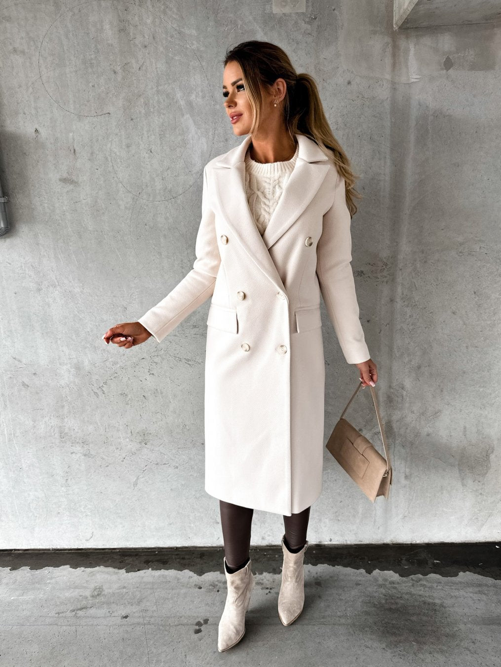 Wool Longline Women's Coat – Structured Silhouette, Buttons
