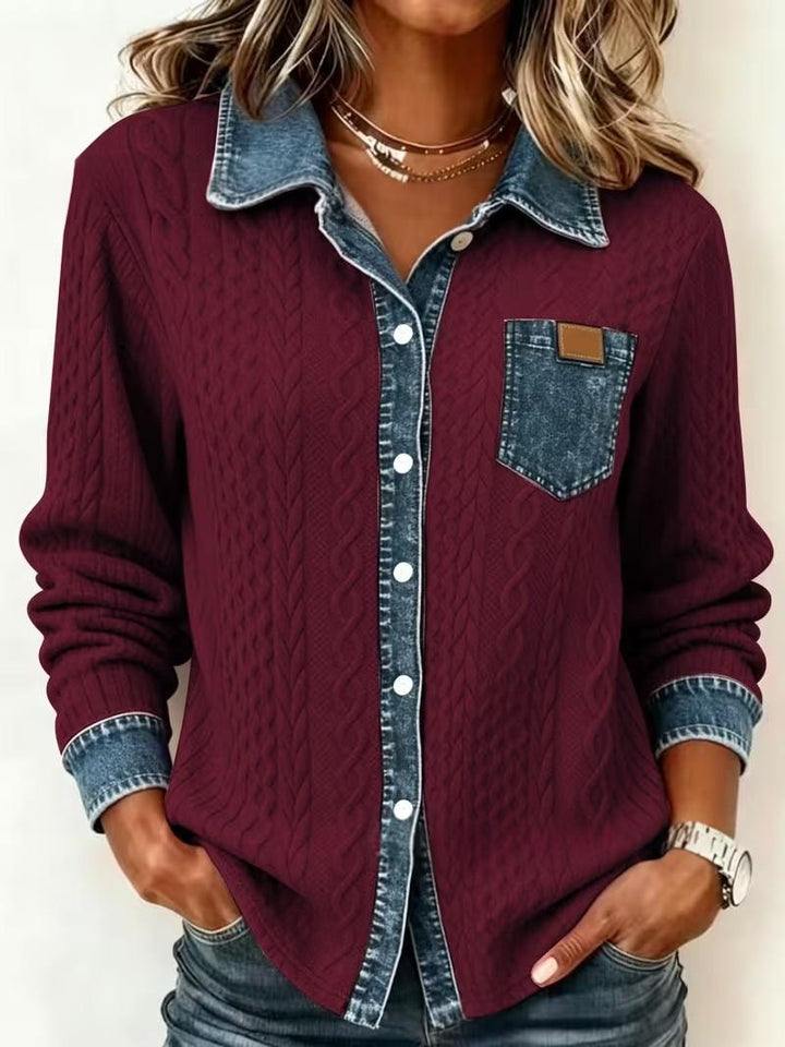 Women's Cable-Knit Plaid Shirt – Textured Long Sleeve Classic Style