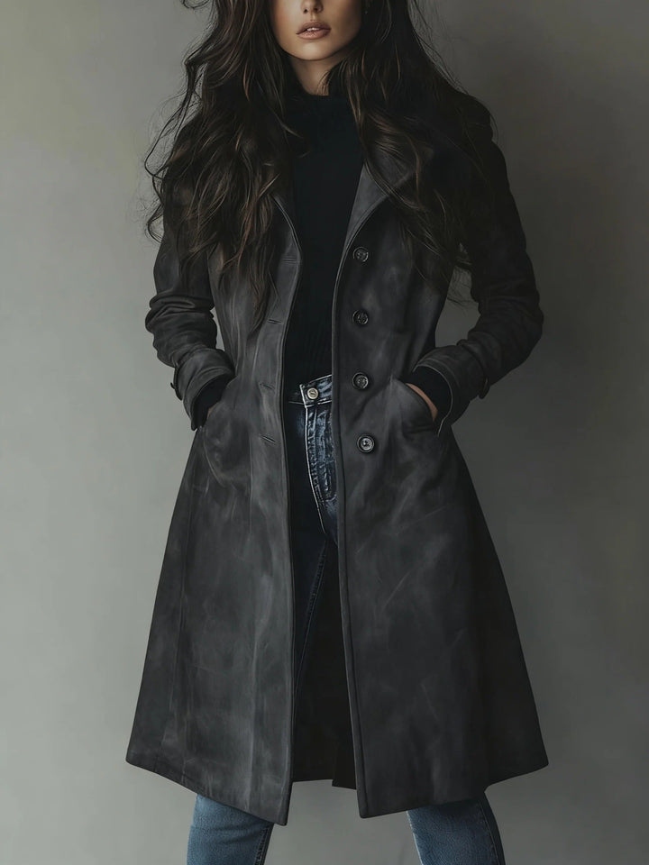 Women's Long Trench Coat – Soft Brushed Cotton, Tailored with Pockets
