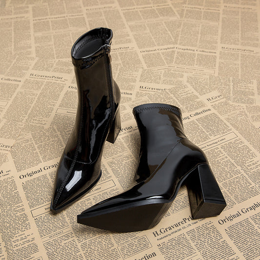Women's Ankle Boot – Skinny Fit, Pointed Toe, Block Heel Leather