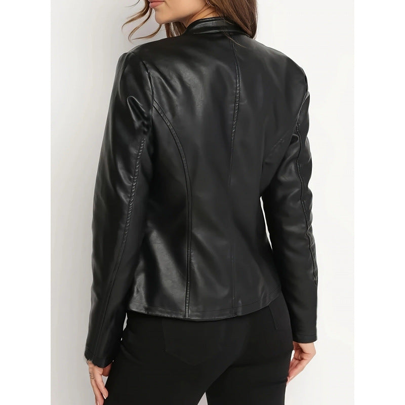 Women's Slim-Fit Vegan Leather Jacket – Commute Style Stand Collar