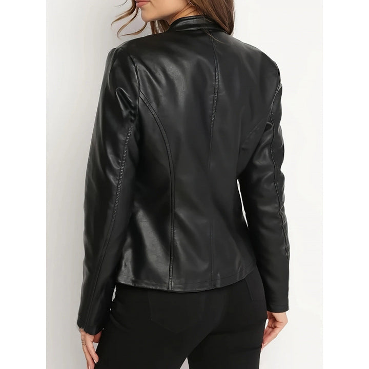 Women's Slim-Fit Vegan Leather Jacket – Commute Style Stand Collar