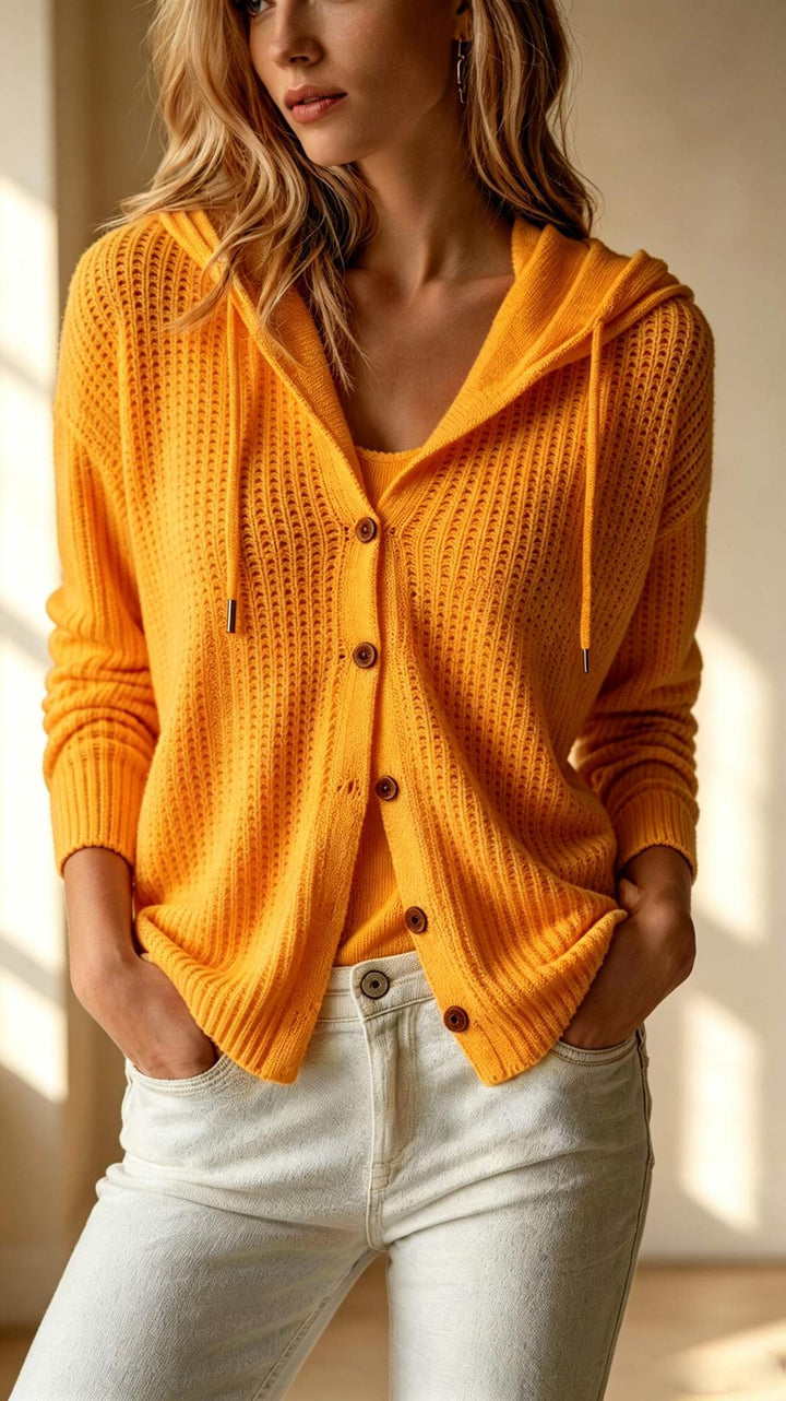 Women's Knit Button Cardigan Hoodie – Drawstring Hood & Classic Comfort
