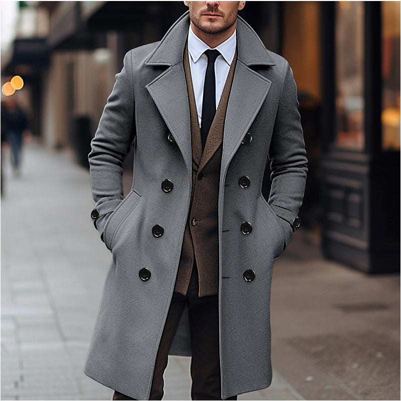 Men's Long Double-Breasted Overcoat – Wide Lapel Tailored Fit