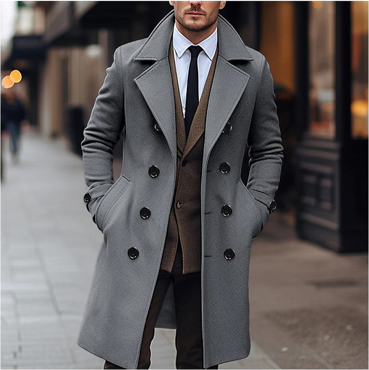 Men's Long Double-Breasted Overcoat – Wide Lapel Tailored Fit