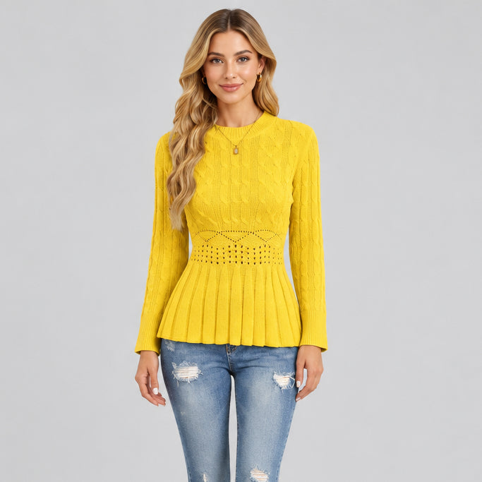 Women's Slim Fit Pleated Sweater Top – Crocheted Flower Detail