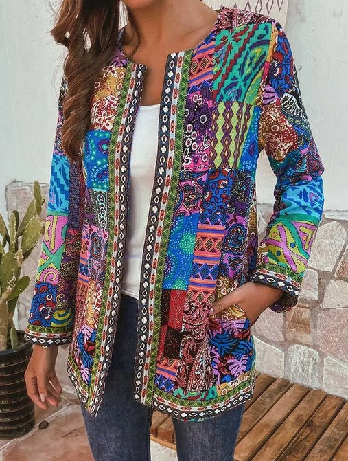 Women's Printed Cotton Coat – Relaxed Long Sleeve Ethnic Style